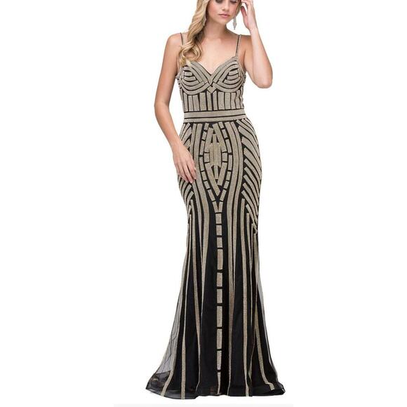 Women's Bead Striped Long Mermaid Prom Dress Black Gold Size 6 - Picture 1 of 10